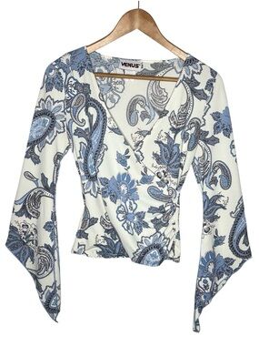Y2K Vintage Blue Paisley Surplice Split Bell Sleeve Going Out Top Fairycore